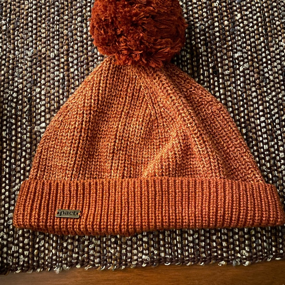 PACT Orange Rust Knit Beanie with Pom-Pom